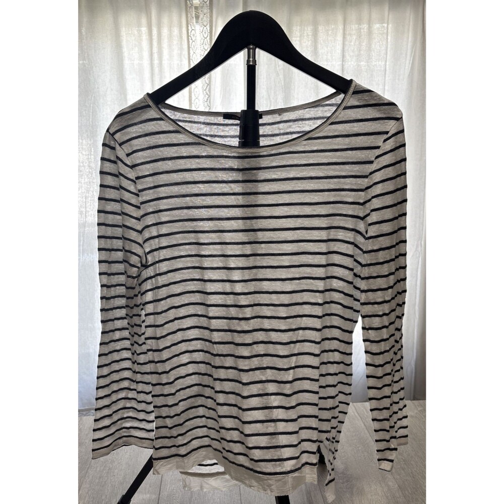 Kobi Halperin Women's S Round Neck Striped White Black Tunic Sheer Linen Blend